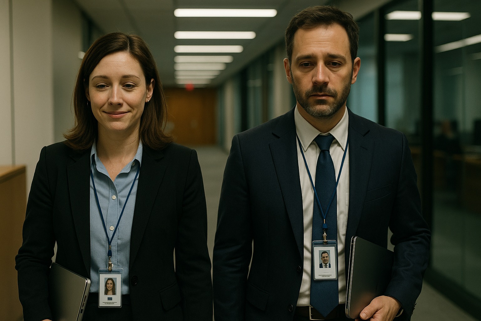 Doi profesioniști în costum, mergând.